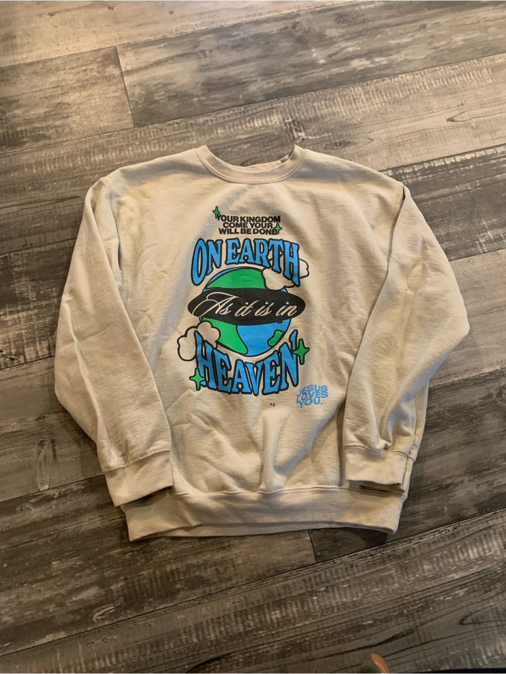 Graphic Crewneck Sweatshirt - White 'On Earth As It Is In Heaven'